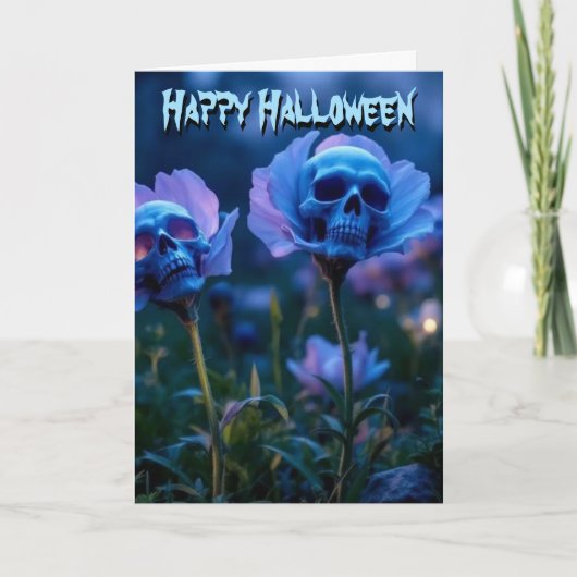 Blauer Schädel Halloween-Blume Karte (Vorderseite)
