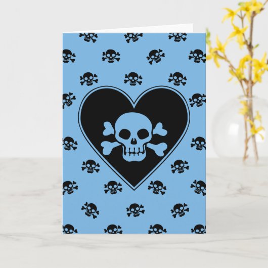 Blauer Schädel im Herzen Karte (Gelbe Blume)