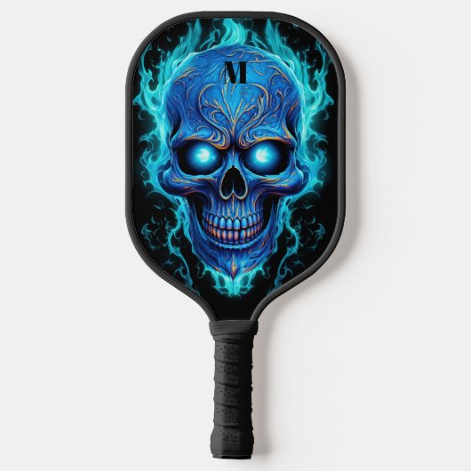 Blauer Schädel mit blauer Flamme Modernes Monogram Pickleball Schläger (Rückseite)