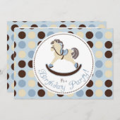 Blauer Schaukelpferd-Geburtstag Einladung (Vorne/Hinten)