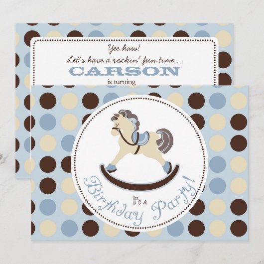 Blauer Schaukelpferd-Geburtstag Einladung (Vorne/Hinten)