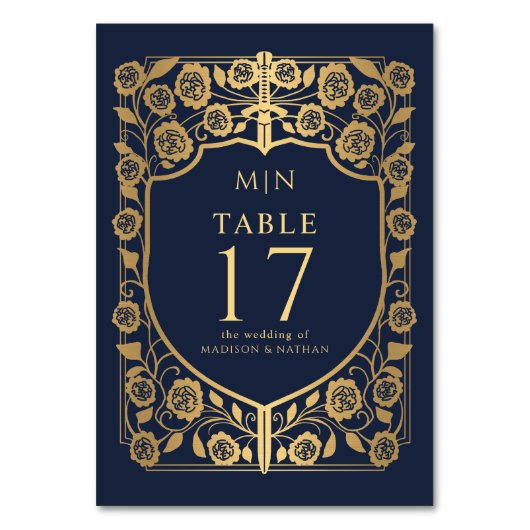 Blauer Schild Mittelalter Fantasy Monogramm Hochze Tischnummer (Vorderseite)