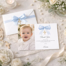 Blauer Schleife Foto Junge goldenes Kreuz Taufe