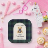 Blauer Schleifen-Preppy-Teddybär 1. Geburtstag Pappteller (Party)