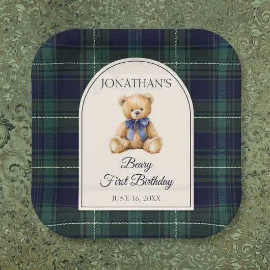 Blauer Schleifen-Preppy-Teddybär 1. Geburtstag Pappteller