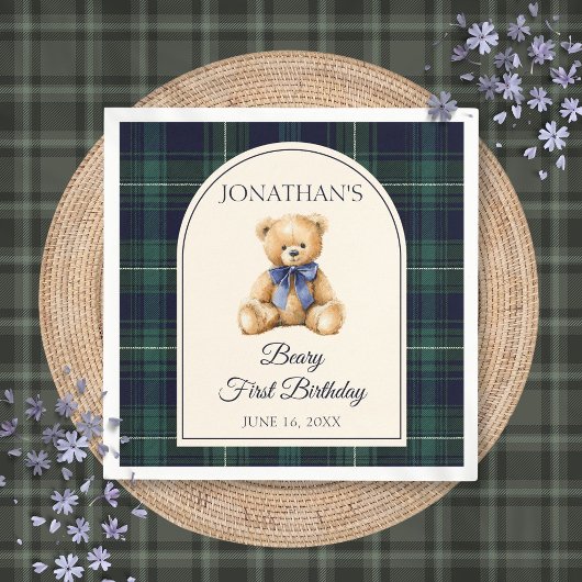 Blauer Schleifen-Preppy-Teddybär 1. Geburtstag Serviette