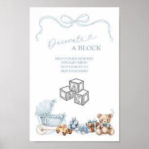Blauer Schleifenwagen Baby Shower Dekorationsblock Poster