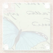 Blauer Schmetterling auf Aquamariner Postkarte Glasuntersetzer (Rückseite)