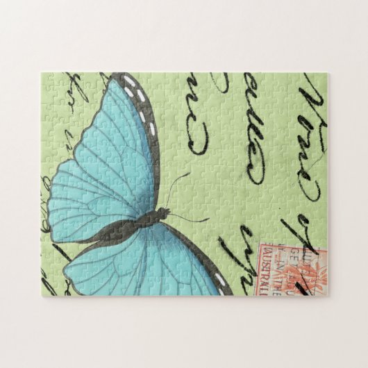 Blauer Schmetterling auf Aquamariner Postkarte Puzzle (Horizontal)