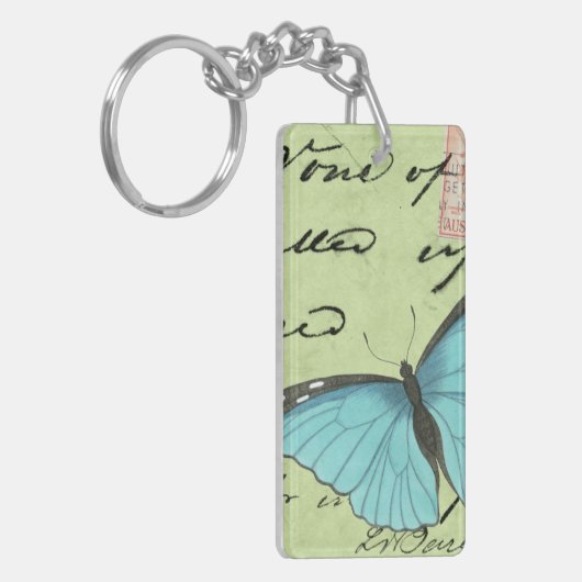 Blauer Schmetterling auf Aquamariner Postkarte Schlüsselanhänger (Vorderseite links)