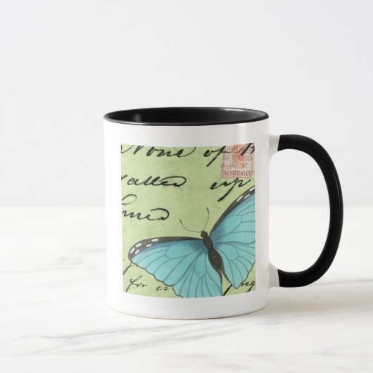 Blauer Schmetterling auf Aquamariner Postkarte Tasse (Rechts)