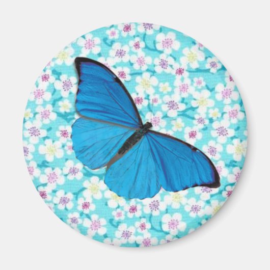 Blauer Schmetterling auf Asiatischer Blume Magnet (Vorne)