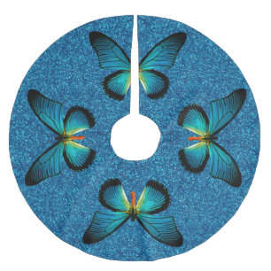 Blauer Schmetterling auf blauem Glitter-Tannenbaum Polyester Weihnachtsbaumdecke