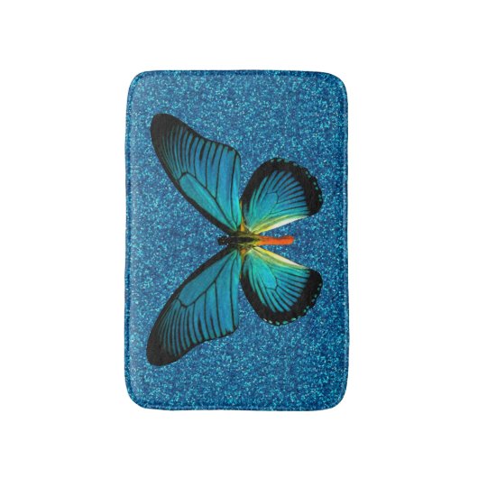 Blauer Schmetterling auf blauem Glitzer Badematte (Vorderseite Vertikal)