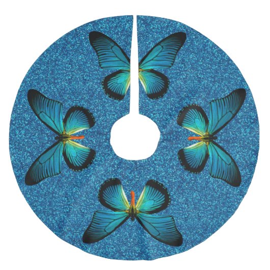 Blauer Schmetterling auf blauem Glitzer-Baumrock Polyester Weihnachtsbaumdecke (Vorderseite)