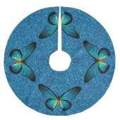 Blauer Schmetterling auf blauem Glitzer-Baumrock Polyester Weihnachtsbaumdecke (Vorderseite)