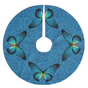Blauer Schmetterling auf blauem Glitzer-Baumrock Polyester Weihnachtsbaumdecke