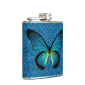 Blauer Schmetterling auf blauem Glitzer Flachmann (Rechts)