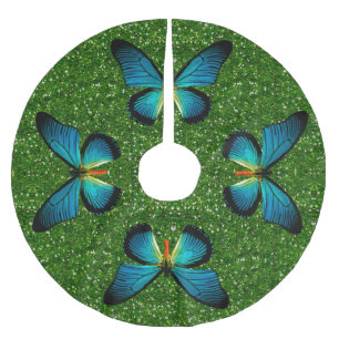 Blauer Schmetterling auf dem grünen Glitzer-Baumro Polyester Weihnachtsbaumdecke