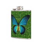 Blauer Schmetterling auf der Flasche mit grünem Gl Flachmann (Links)