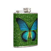 Blauer Schmetterling auf der Flasche mit grünem Gl Flachmann (Rechts)
