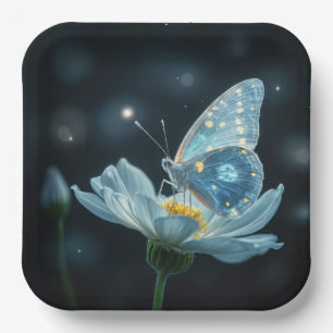 Blauer Schmetterling auf einer Mondblume Pappteller