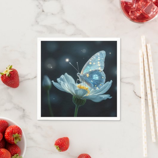 Blauer Schmetterling auf einer Mondblume Serviette (Beispiel)
