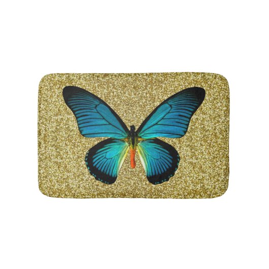Blauer Schmetterling auf Gold Glitzer Badematte (Vorderseite)