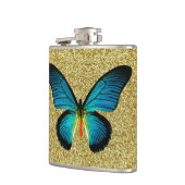 Blauer Schmetterling auf Gold-Glitzer-Flasche Flachmann (Links)
