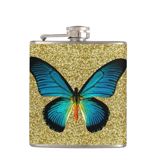 Blauer Schmetterling auf Gold-Glitzer-Flasche Flachmann (Vorderseite)