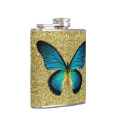 Blauer Schmetterling auf Gold-Glitzer-Flasche Flachmann (Rechts)