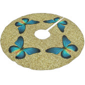 Blauer Schmetterling auf Gold Glitzer Tree Skirt Polyester Weihnachtsbaumdecke (Schrägansicht)