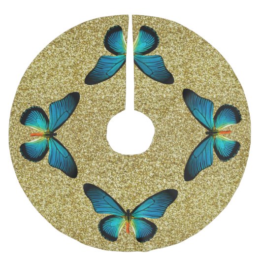 Blauer Schmetterling auf Gold Glitzer Tree Skirt Polyester Weihnachtsbaumdecke (Vorderseite)