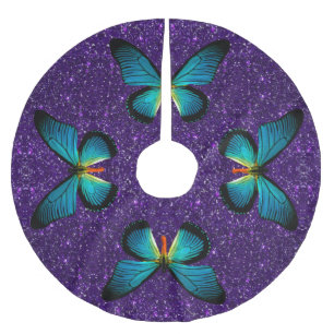 Blauer Schmetterling auf Lila Glitzer Baumrock Polyester Weihnachtsbaumdecke