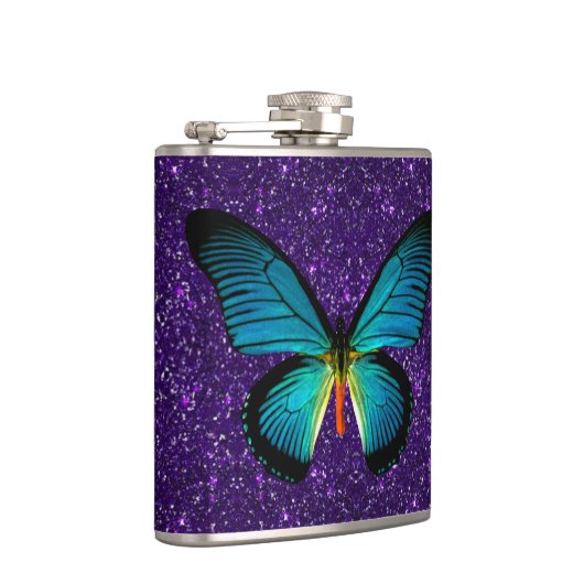Blauer Schmetterling auf Lila Glitzer Flachmann (Rechts)