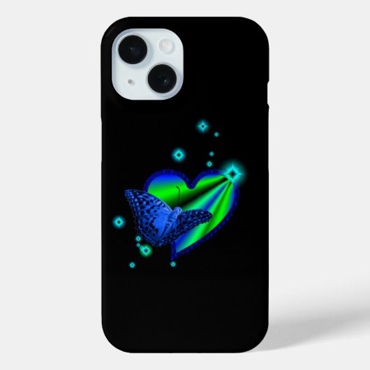 Blauer Schmetterling auf Regenbogen Herz mit Stern Case-Mate iPhone Hülle (Rückseite)