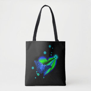 Blauer Schmetterling auf Regenbogen Herz mit Stern Tasche