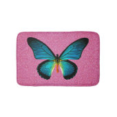 Blauer Schmetterling auf rosa Glitzer Badematte (Vorderseite)