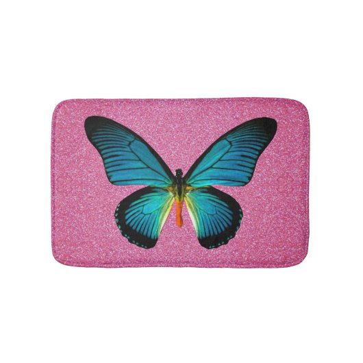 Blauer Schmetterling auf rosa Glitzer Badematte (Vorderseite)