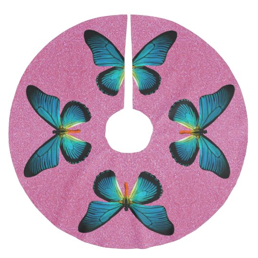 Blauer Schmetterling auf Rosa Glitzer Baumrock Polyester Weihnachtsbaumdecke (Vorderseite)