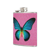 Blauer Schmetterling auf rosa Glitzer Flasche Flachmann (Links)