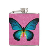 Blauer Schmetterling auf rosa Glitzer Flasche Flachmann (Vorderseite)