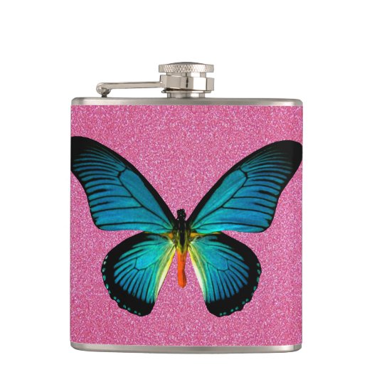 Blauer Schmetterling auf rosa Glitzer Flasche Flachmann (Vorderseite)