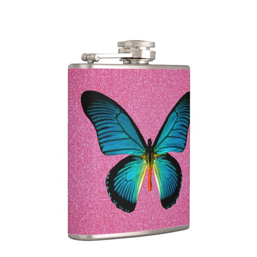 Blauer Schmetterling auf rosa Glitzer Flasche Flachmann (Rechts)