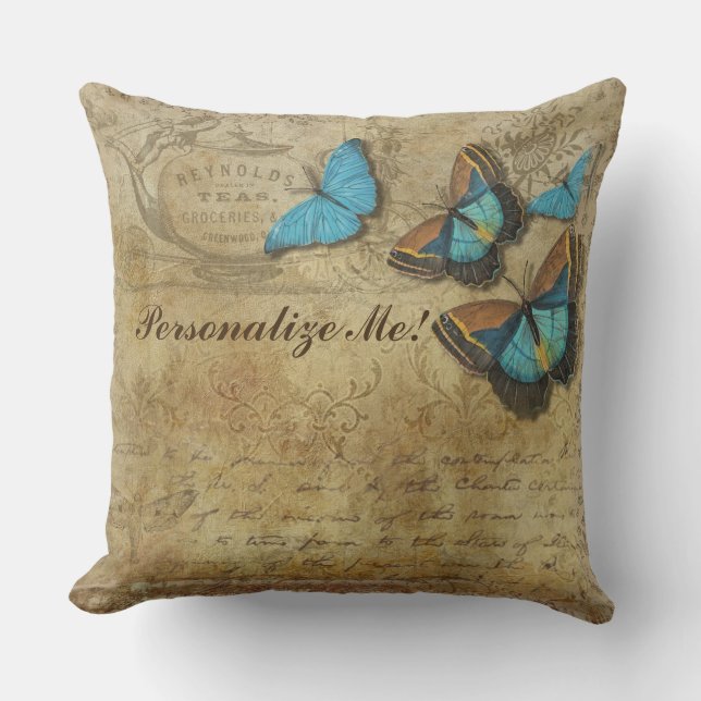 Blauer Schmetterling auf Vintagem Teepapier person Kissen (Vorderseite)