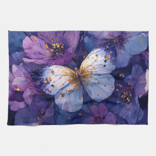Blauer Schmetterling auf violetten Blumen Geschirrtuch