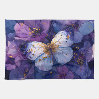 Blauer Schmetterling auf violetten Blumen Geschirrtuch