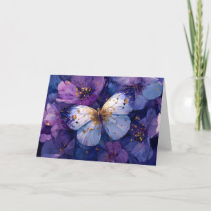 Blauer Schmetterling auf violetten Blumen Karte