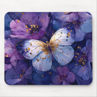 Blauer Schmetterling auf violetten Blumen Mousepad