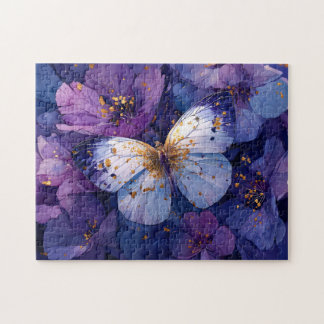 Blauer Schmetterling auf violetten Blumen Puzzle